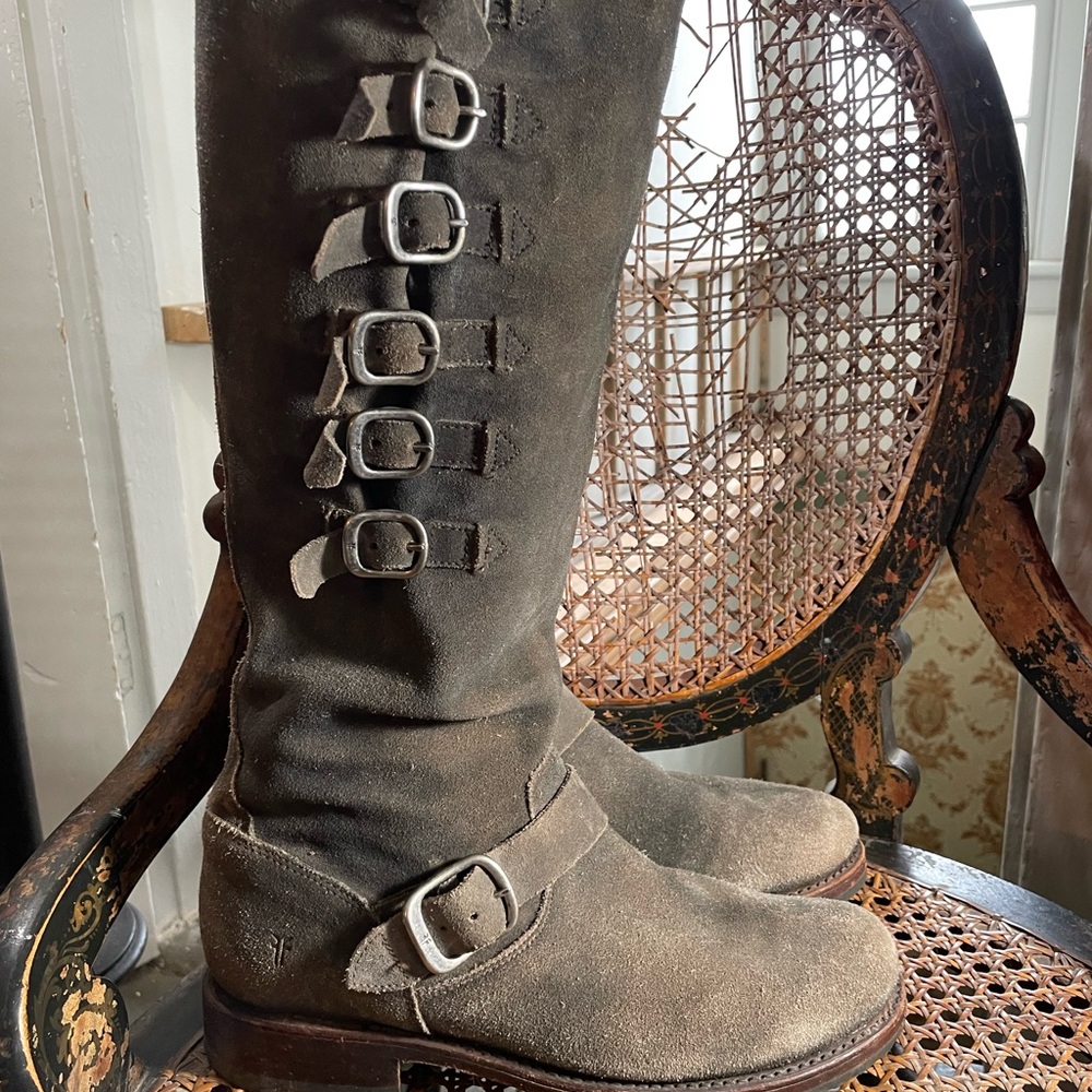 Frye Tan Leather Knee-High Boots with Buckle Detail